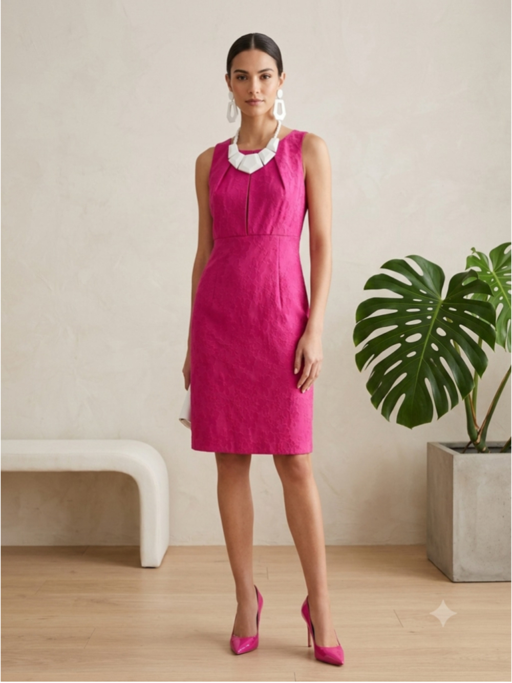 R&K Originals Hot Pink Floral Jacquard Sheath Dress Sz 10 Pleated Neck Cocktail